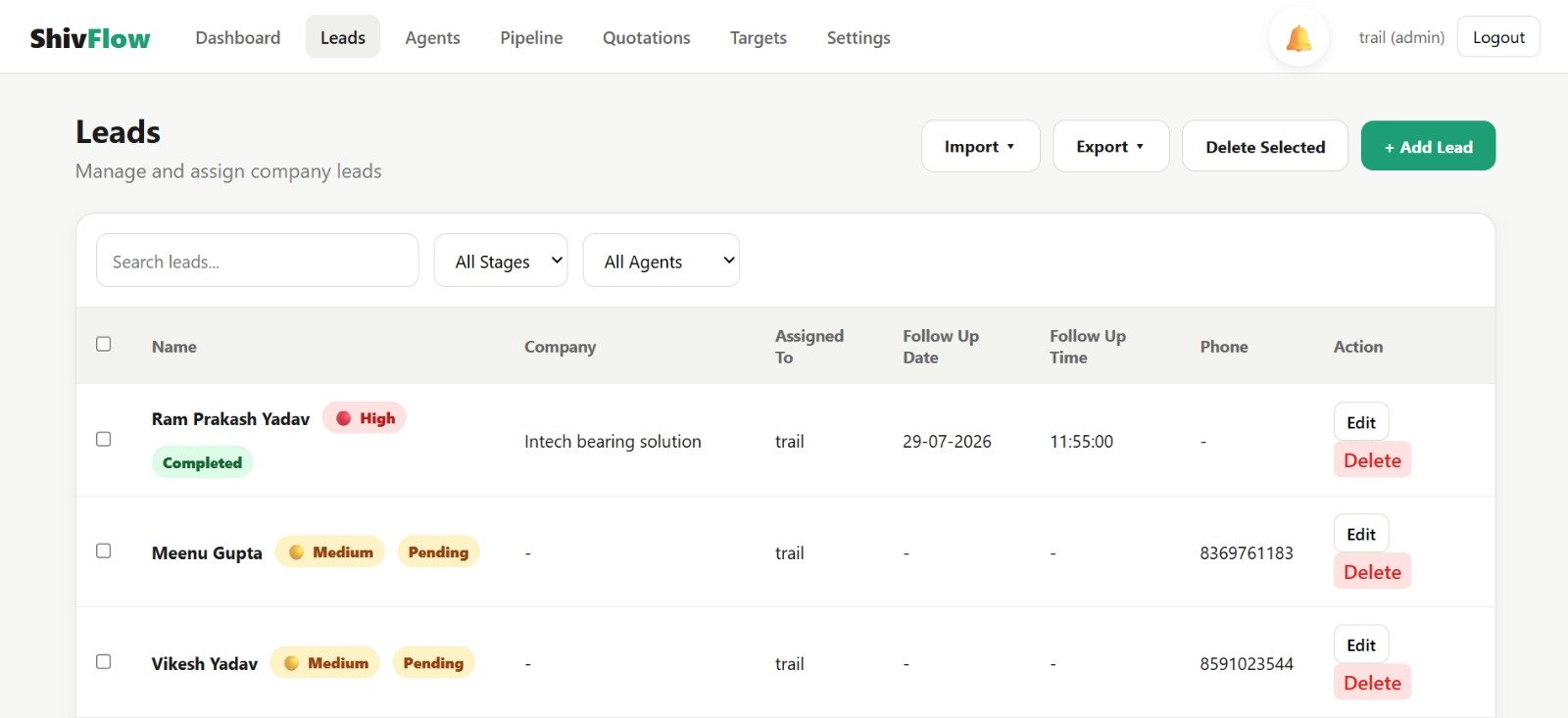 ShivFlow CRM Lead Management screen