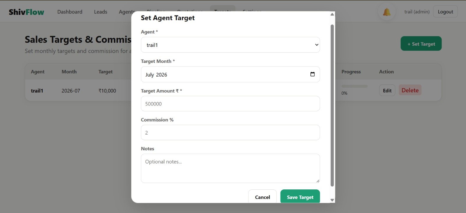 ShivFlow CRM Set Agent Target screen